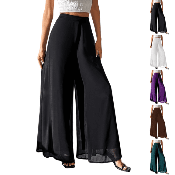 Palazzo Pants for Women Dressy Casual Elastic High Waisted Wide Leg Chiffon Pants Formal Flowy Skirt Pant Culottes Black 2XL