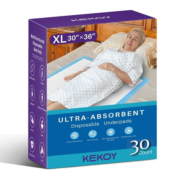 KEKOY Bed Pads for Incontinence Disposable, Maximum Absorbent Bed Pads, 30 x 36 Waterproof Underpads, Disposable Underpads for Adults, XL, 30 Count