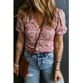 thumbnail image 4 of Women's Pink Floral Short Puff Sleeve V Neck Ruched Blouse, 4 of 7
