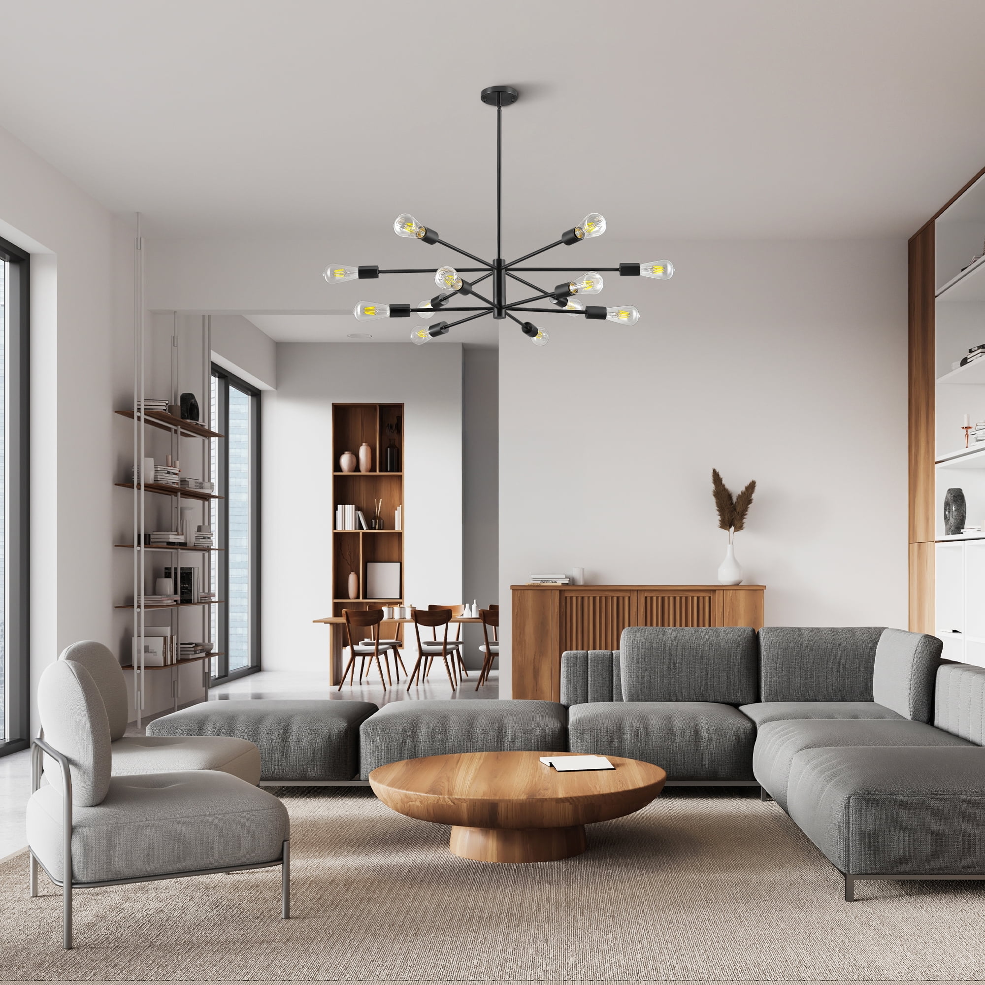 Bestco 12-Light Modern Sputnik Chandelier for Dining Room with 4 Extension Rods Black