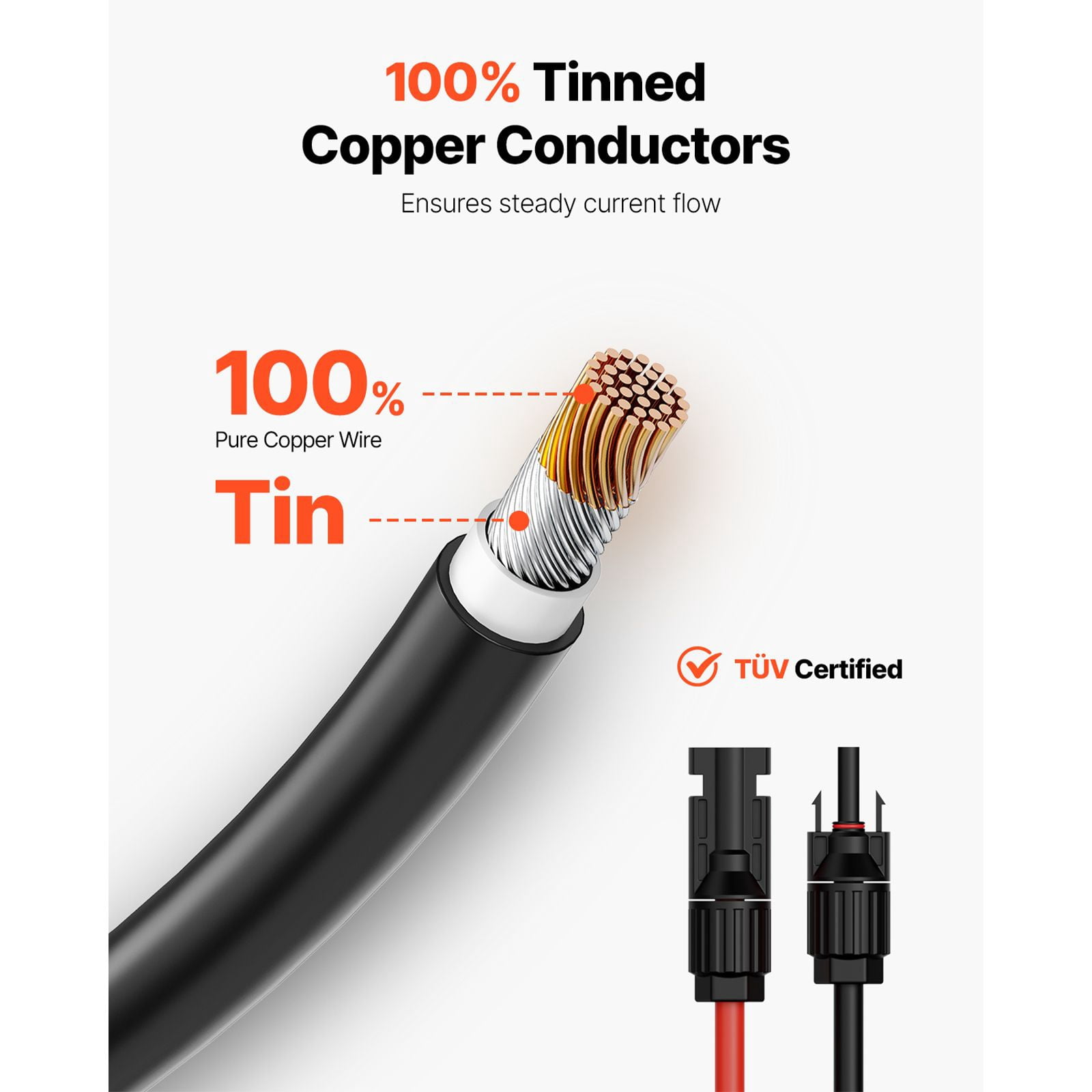 50FT Solar Panel Extension Cable 10AWG, TUV Certified, IP67 Waterproof, MC4 Connectors, XLPE Insulation for RV Boat Home Solar System