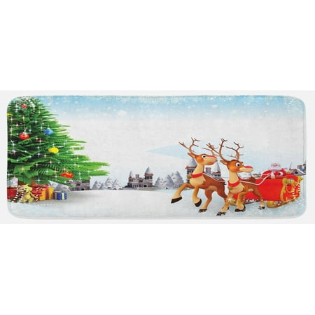 

Santa Kitchen Mat Snow Covered Christmas Village with Cartoon Santa on His Sleigh Big Tree and Boxes Plush Decorative Kitchen Mat with Non Slip Backing 47 X 19 Multicolor by Ambesonne