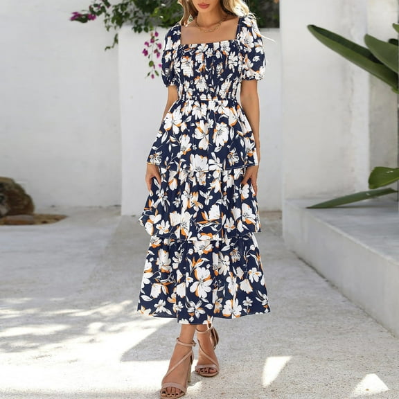 GXIPO Womens Floral Maxi Dress Casual Short Sleeve Square Neck Ruffle Layered Tiered Chiffon Beach Flowy Dresses Navy XL
