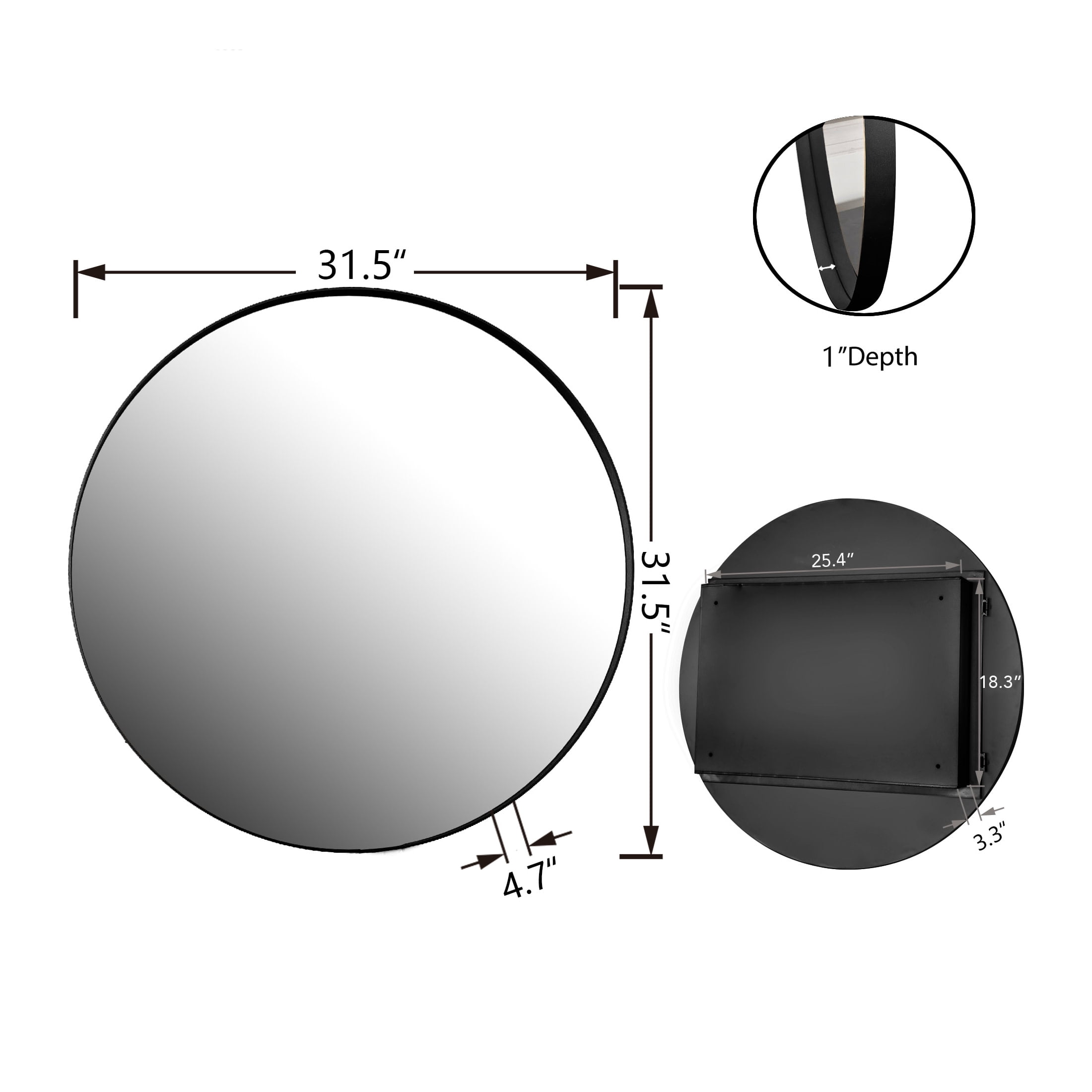 Noble House 31.5" Round Medicine Cabinet with Mirror, Metal Frame & Adjustable Glass Shelves for Bathroom, Matte Black