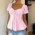 thumbnail image 2 of jtjvou V-neck Lace Up Short Sleeve T-shirt Casual Top Comfortable Fashion Tee Lightweight Blouse Casual Wear Daily Summer Tops Pink XL, 2 of 9