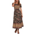 thumbnail image 1 of Vestido Boho de Mujer Inspire Chic con Mangas Cortas Abullonadas, Off-Shoulder, Floral, Smocked, Maxi, Negro, XL, 1 of 6