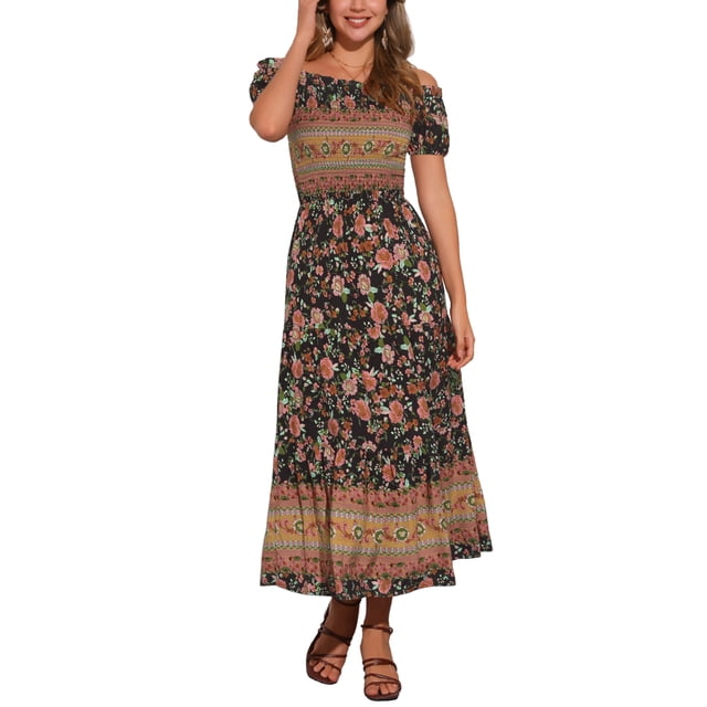 Vestido Boho de Mujer Inspire Chic con Mangas Cortas Abullonadas, Off-Shoulder, Floral, Smocked, Maxi, Negro, XL