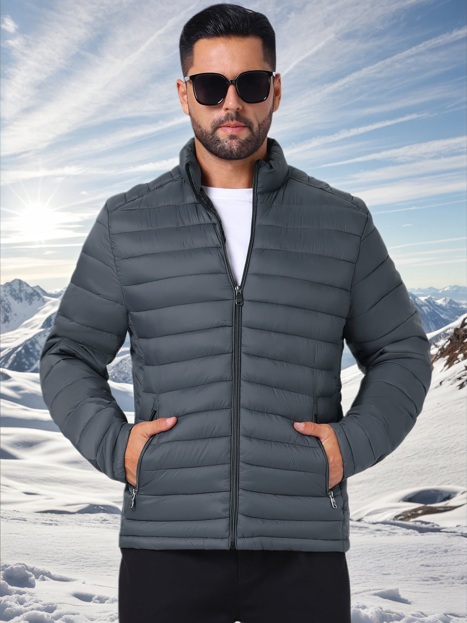 DARING DIVA Men's Winter Solid Stand Collar Zipper Quilted Puffer Jacket XL Gray