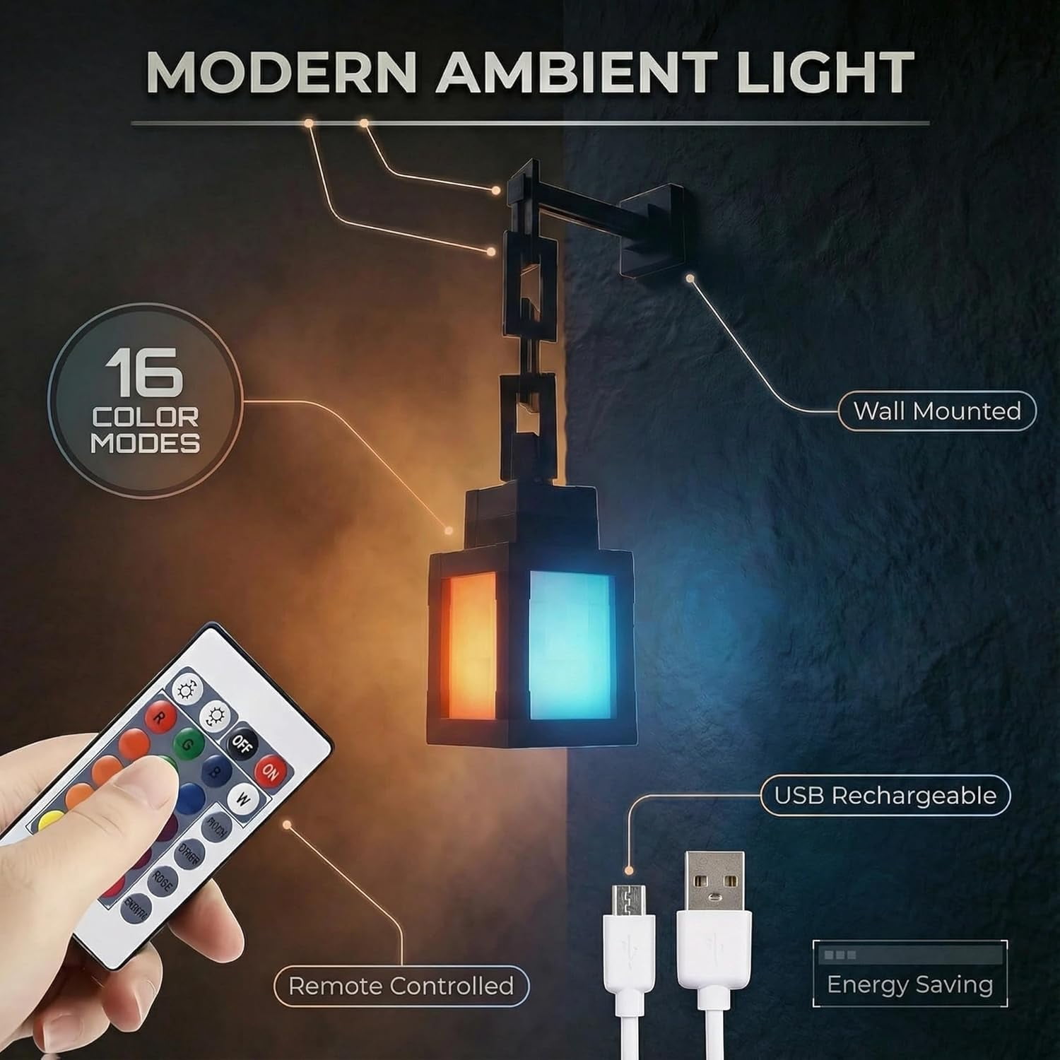 Rechargeable Pixelated Lantern Night Light | 16-Color RGB Mood Lamp with Dual Control (Remote) | Wall/Table Lamp for Cosplay, Nightstand & Bedroom Decor（1 PCS）