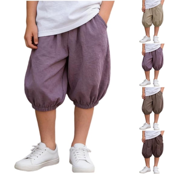 Fancifize Boys Cotton Linen Capri Pants Summer Casual Elastic Waist Cropped Sweatpants Kids Harem Trousers