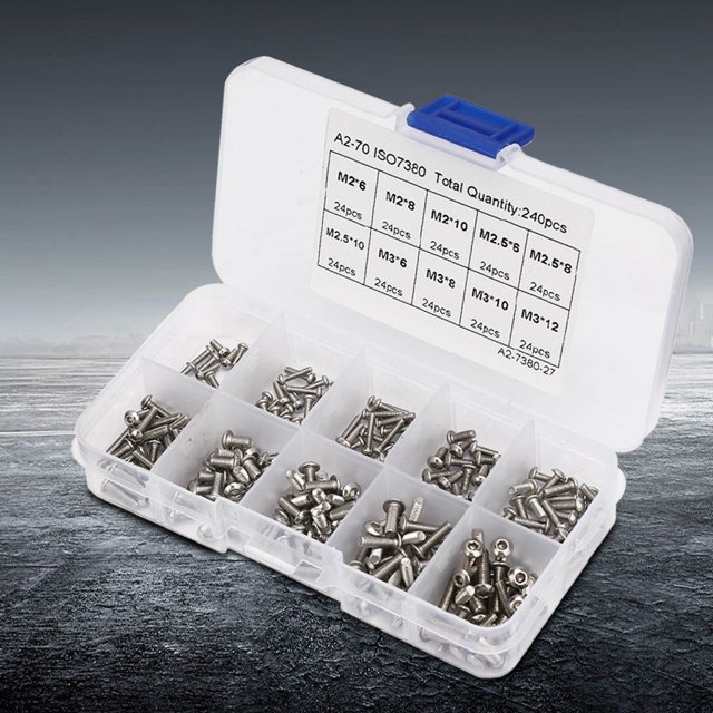240Pcs M2 M2.5 M3 stainless steel button head socket cap metric screws displayed in a transparent plastic organizer box with compartments. The screws are hex socket button head type, corrosion-resistant, and come in ten different sizes, including M2x6, M2x8, M2x10, M3x6, M3x8, M3x10, M3x12, M2.5x6, M2.5x8, and M2.5x10. The box is labeled with size and quantity details for easy identification and portability.