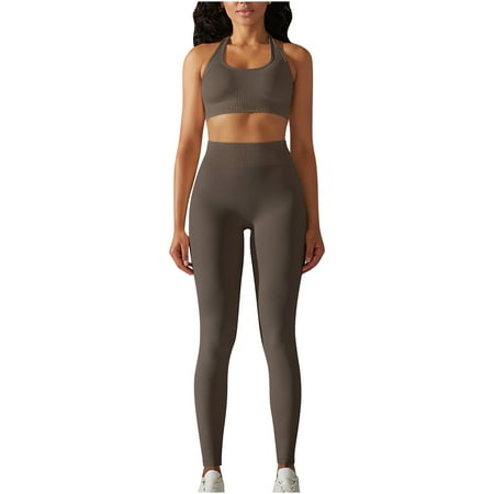 Abomasnow Workout Sets for Women 2 Piece Seamless Gym Athletic Yoga Outfits Halter Neck Backless Sports Bra High Waist Butt Lifter Leggings