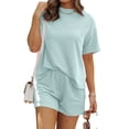 thumbnail image 3 of Short Sets for Women 2 Piece Lounge Set Loose Fit Short Sleeve Tops and Shorts Summer Matching Set Light Blue M, 3 of 8