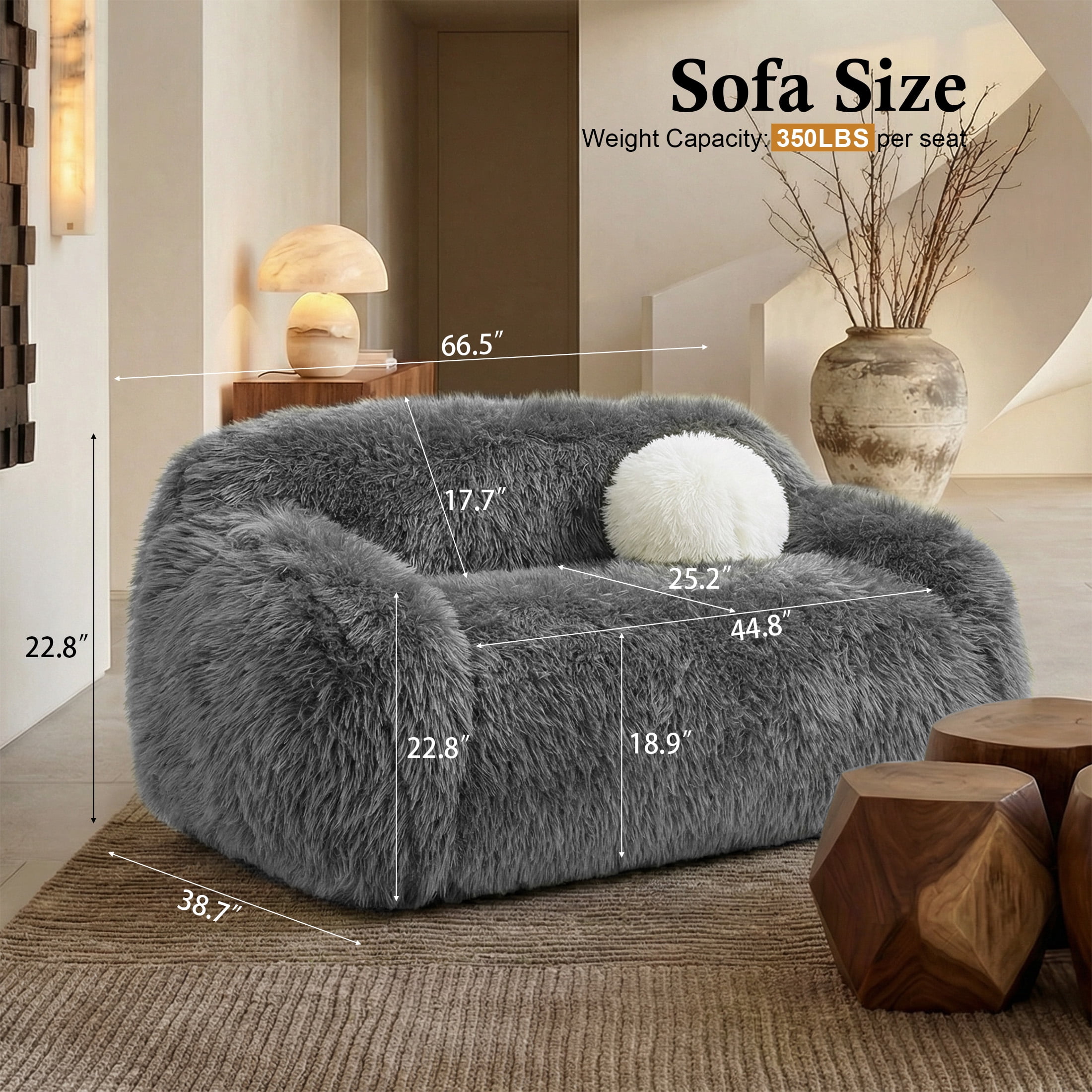 Aukfa Contemporary Plush Faux Fur Sofa, Could-Comfort Loveseat, 25" Deep Seat, Pet Friendly, Gray