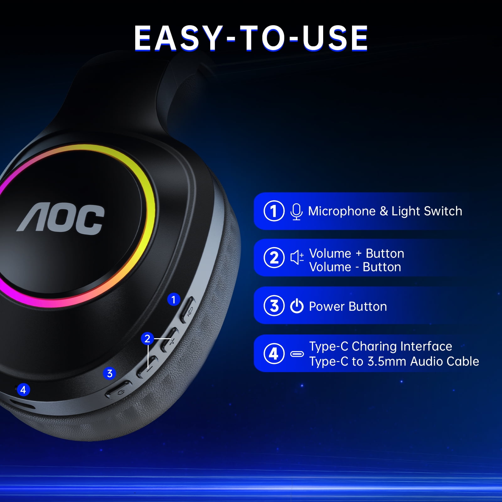AOC Wireless Gaming Headset for PC/PS5/PS4/Switch, Bluetooth 5.4 & 2.4GHz Gaming Headphones with Noise Canceling Mic, RGB, Type-C, 20ms Latency, 45H, 7.1 Virtual Surround- Black