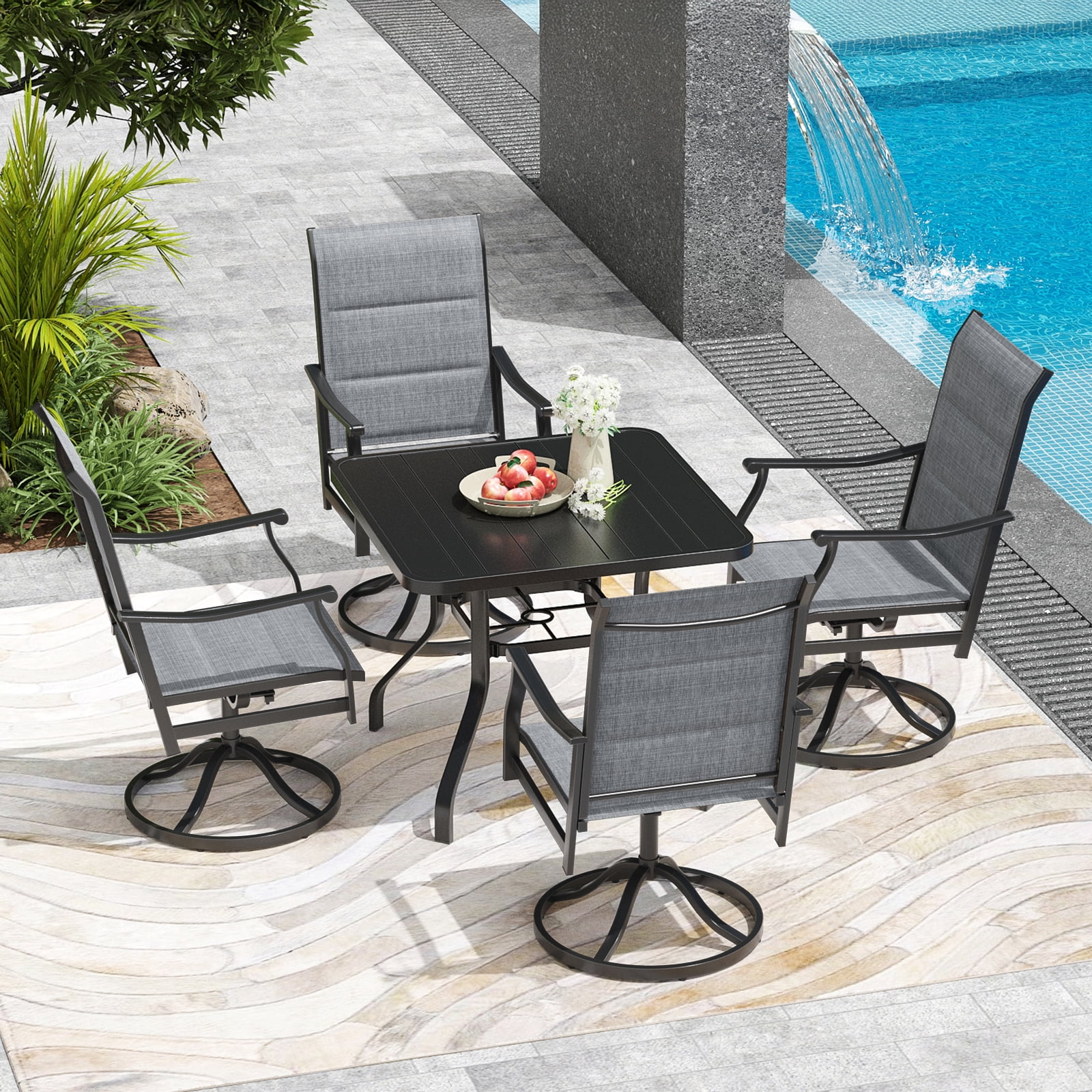 STARY 5 Pieces Outdoor Dining Set with 1.57" Umbrella Hole, Patio Swivel Dining Textilene Chairs and 35"x35" Iron Square Table for 4 People, Balcony