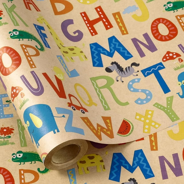 RUSPEPA Kraft Wrapping Paper Roll - Mini Roll - Colorful Cartoon Letters Design Great for Baby Boy or Neutral Gift Wrapping, Kids' Birthday Party and Baby Shower - 17 Inches X 32.8 Feet