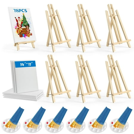 78 Pcs Painting Supplies-6*(16 Easels+11 x14 Stretched Canvases)+60 Brushes+6 Palettes Paint Set for Paint Parties Sip and Paint Couples Painting Kits for Adults Kids Students Artists Beginner C80