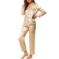 thumbnail image 1 of Conjunto de salón de satén para mujeres INSPIRE CHIC, camisa de botones de manga larga con pantalones, pijamas de seda XL Champagne, 1 of 7