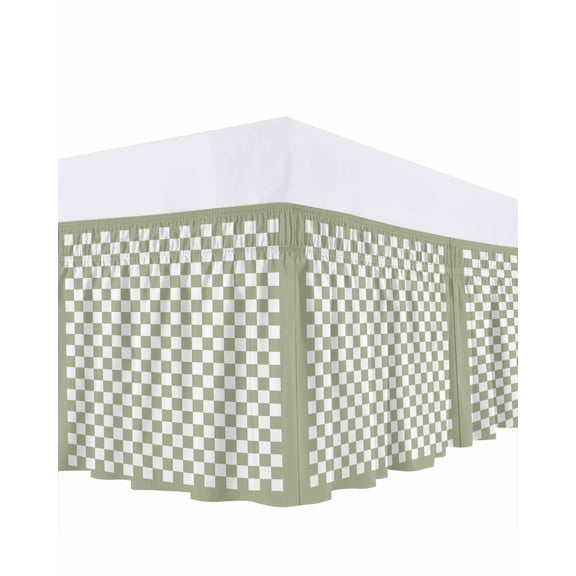 Sage Green Plaid Bed Skirt King Size, Farmhouse Green White Checkered Lace Wrap Around Bed Skirting with Adjustable Elastic Strap, Dust Ruffled Pleated Bedskirts 18 Inch Drop for Bedroom King Beds