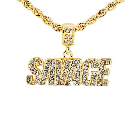 - 14K Gold Plated Hip Hop Bling Iced Out Savage Pendant with 24
