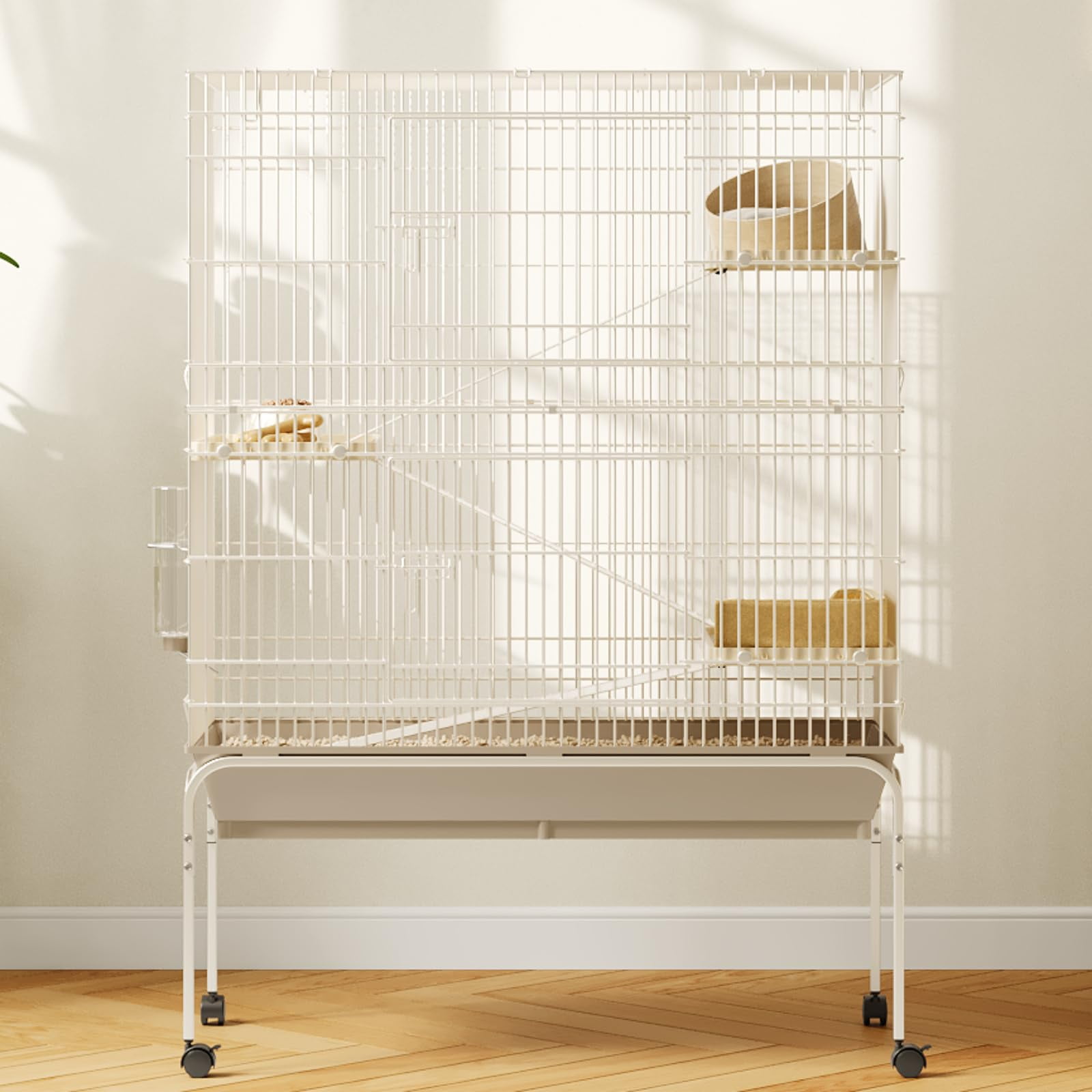 TEQIN 3 Tiers Small Animal Critter Cage,55" h Ferret Cage  with 3 Removable Ramps,Food Bowl, Water Bottle, Metal Small Animal Cages on Wheels for Chinchillas, Guinea Pigs, Rabbit, Sugar