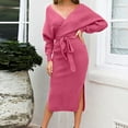 thumbnail image 6 of Arnsht Women's V Neck Long Batwing Sleeve Wrap Midi Knit Sweater Dress Elegant Backless with Belt Slit Pink L, 6 of 8