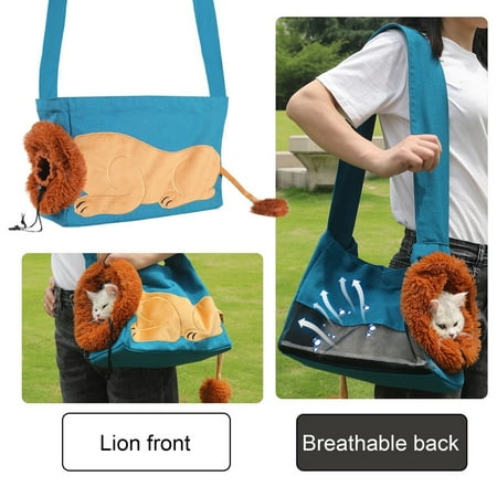Frogued Pet Out Shoulder Bag Lion-Shaped Show Head Canvas Cat Carrier Sling Bag Outdoor Travel Pet Carrying Bag for Small Cats Dogs (Light Green L)