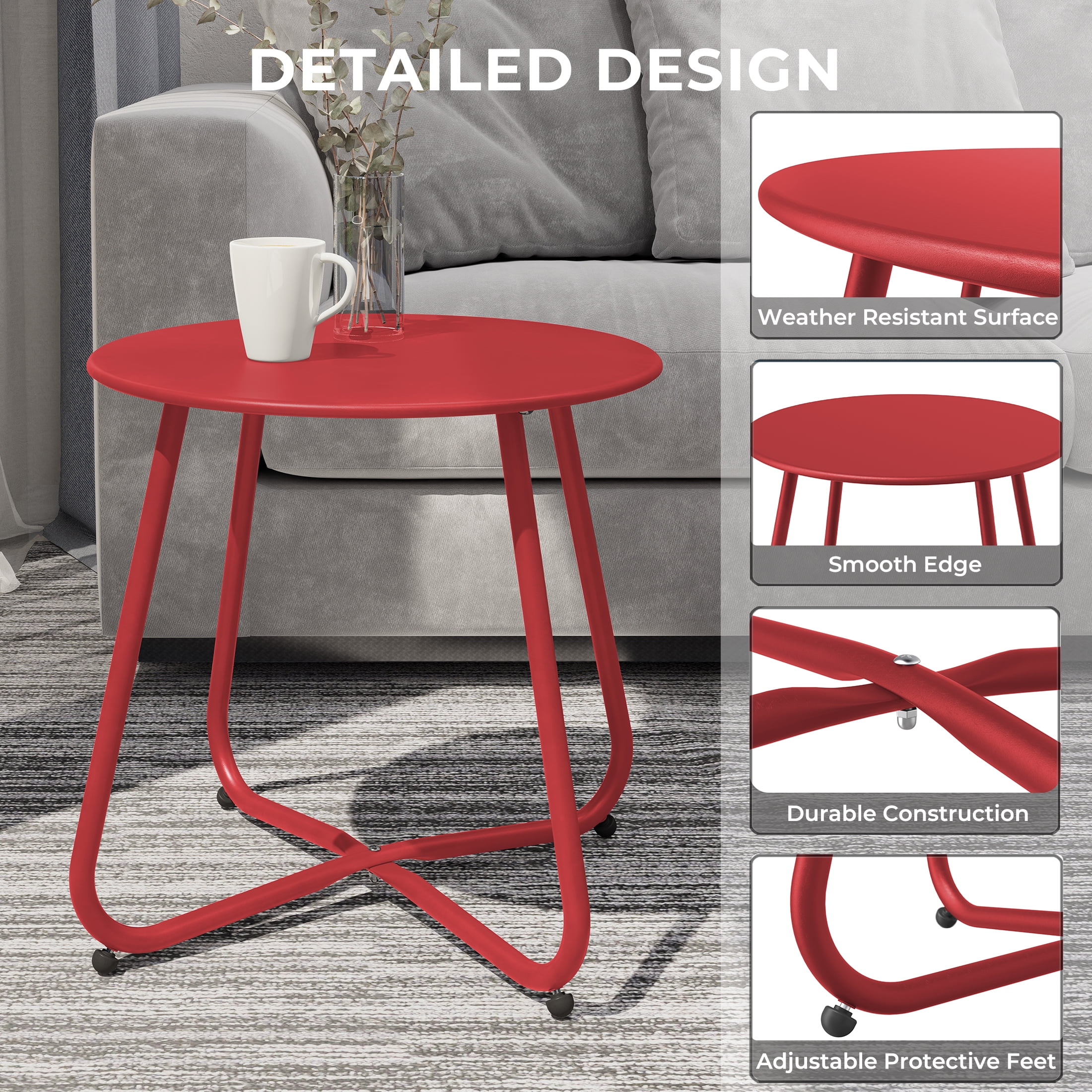Grand Patio Outdoor&Indoor Steel Patio Side Table, Weather Resistant Outdoor Small Round End Table for Patio, Yard, Balcony, Garden, Living Room, Bedroom, Red