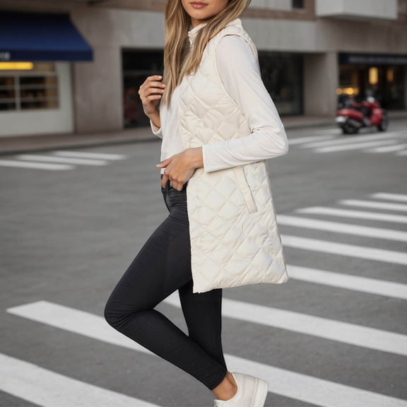 Huowey Winter Coats For Women Quilted Padded Thick Warm Long Vest Stand Collar Zipper Sleeveless Jacket With Pockets Loose Fit Outerwear Fall Fashion Winter Clothing,Beige,L