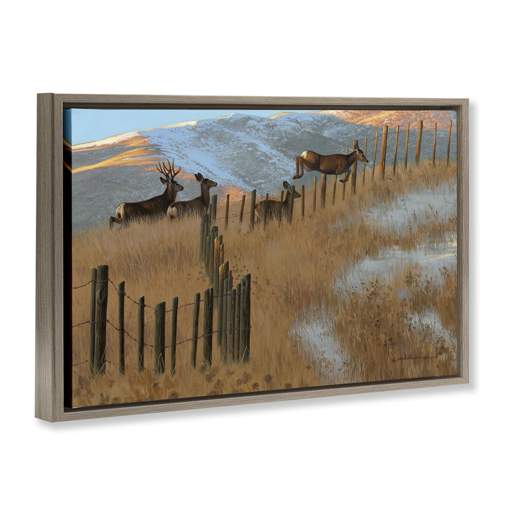 Stupell Industries Deer Jumping Country Fence Landscape & Nature Painting Brown Floater Framed Canvas Art Print Wall Art, 25 x 17