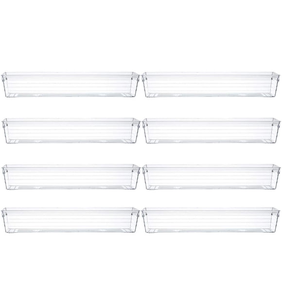 Backerysupply Bandeja organizadora de cajones de plástico transparente para gabinete de tocador (12 3 2, juego de 8) Bandeja de almacenamiento para maquillaje, utensilios de cocina, joyas y gadgets