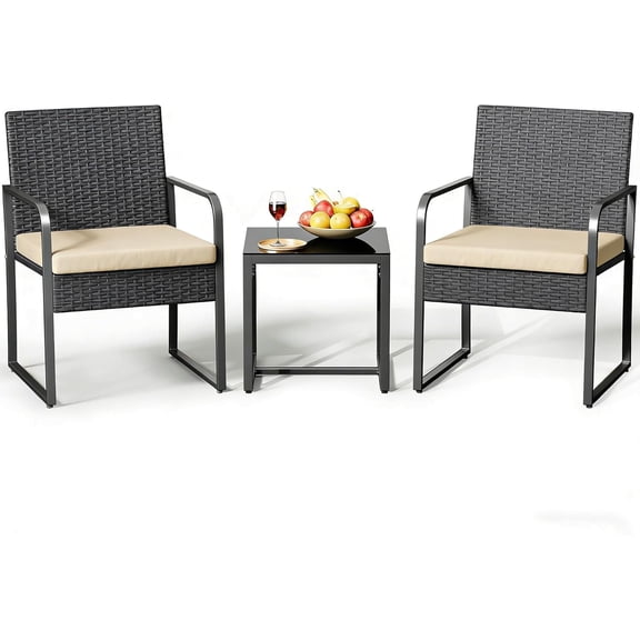 3 Pieces Patio Bistro Sets, Outdoor Rattan Conversation with Glass Table, Wicker Furniture Set with Cushion, for Backyard, Porch, Poolside, Gizoon Beige