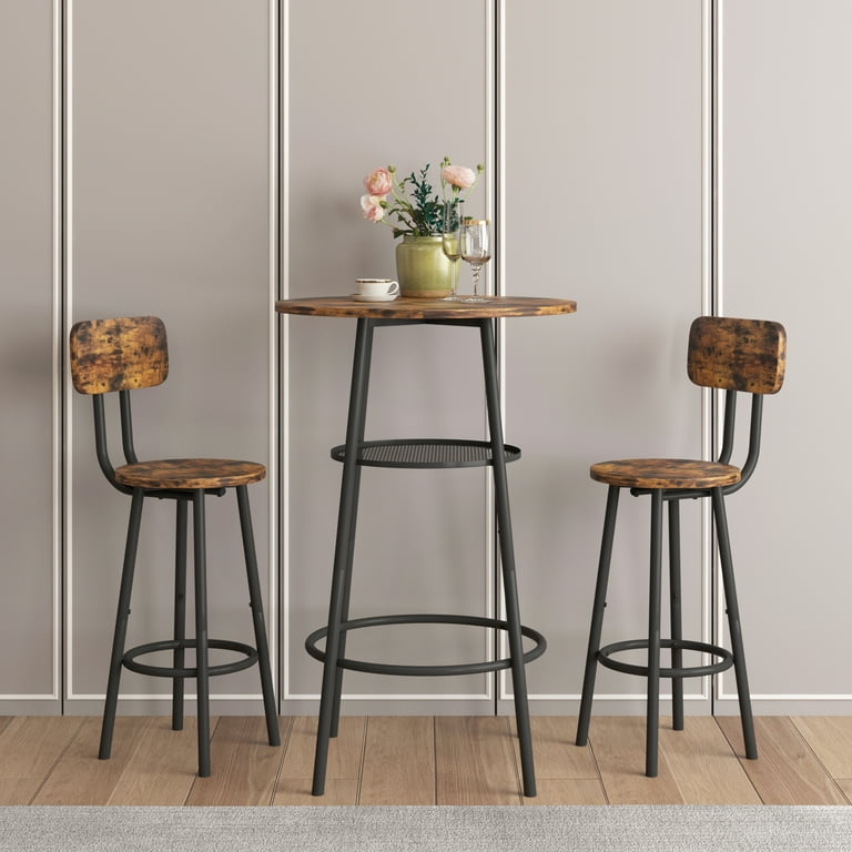 3-Piece Pub Set, Round Bar Table with Stools Metal Shelf