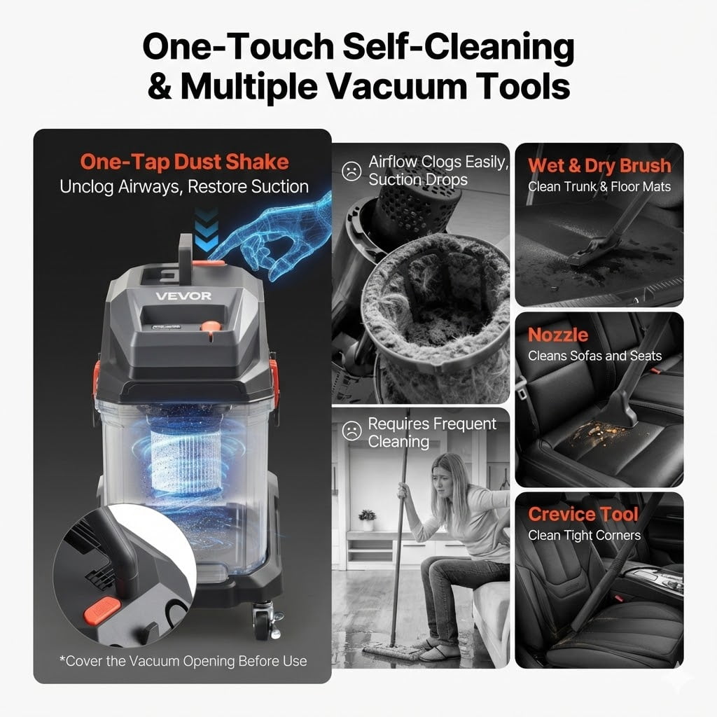 Commercial Shop Vac, 11 Gallon Wet Dry Shop Vacuum, 5.5 Peak HP Portable with One-Button Self-Cleaning, 1350W Input, 1.25in x 7ft Hose, 20ft Cord, Industrial-Grade for Jobsite, Workshop