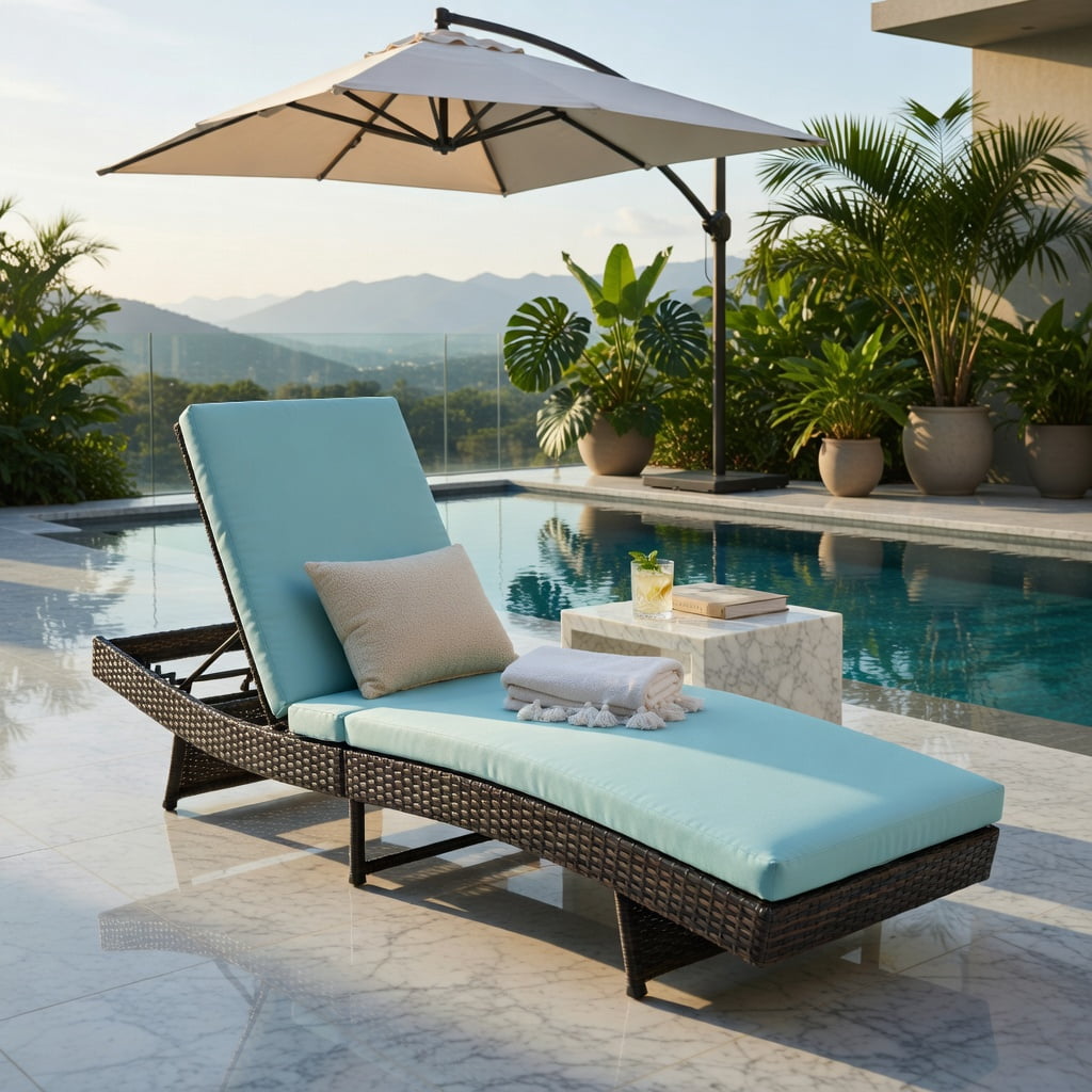 Hommoo Adjustable Folding Rattan Chaise Lounge Chair with Removable Cushion, Outdoor Patio, Poolside & Deck Lounger, Turquoise