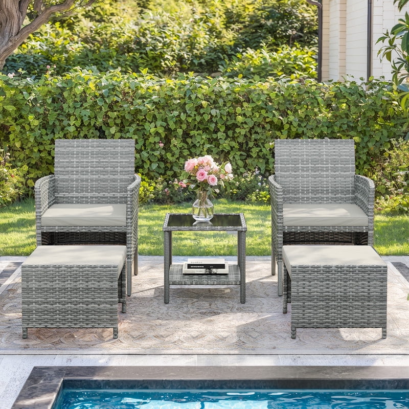 ELPOSUN 5 Piece Patio Furniture Set, Outdoor PE Wicker Chairs for Two with Ottoman Underneath,Beige