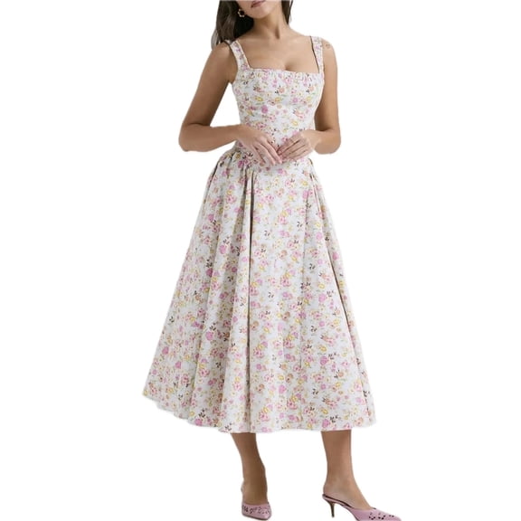 Women's Floral Square Neck Wide Strap Midi Dress 100% Polyester Ruched Sheer Overlay Not Lined Ideal For Day To Evening