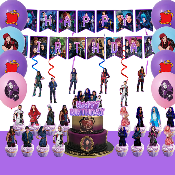 33 Pcs Descendants Party Decorations Set - Descendants Birthday Decorations Banners Spirals Tablecloth & Balloons Ccake Toppers ETC Descendants Party Supplies for Kids