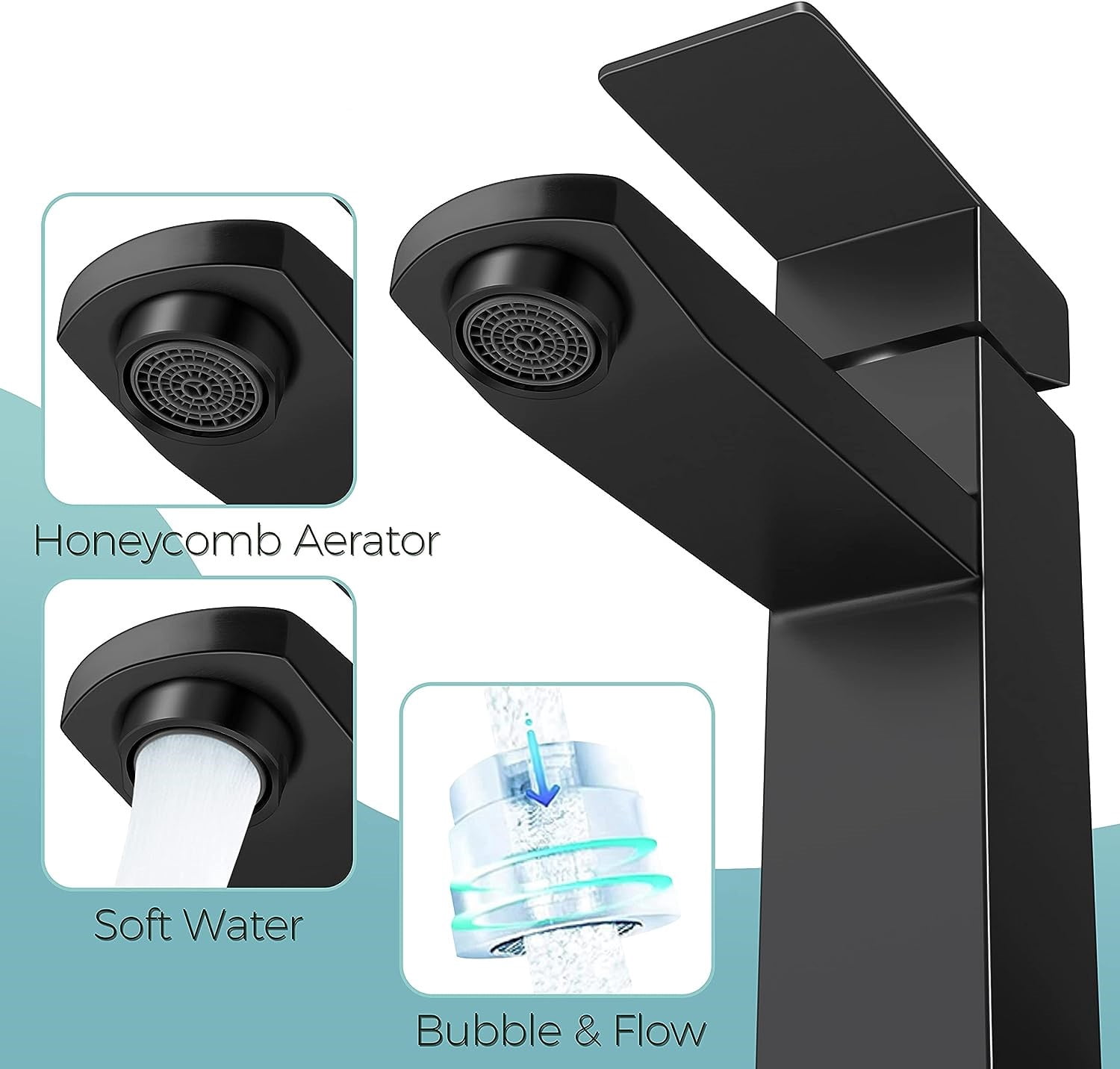 Matte Black Bathroom Faucet with Brass Pop-Up Drain - Single Handle Stainless Steel Sink Faucet for 1 or 3 Hole Installation, Waterfall Spout, Easy to Install - Includes 2 Water Hoses