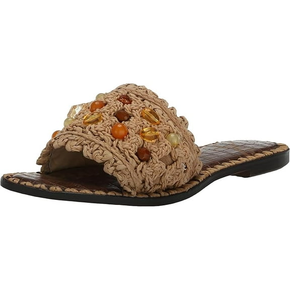 Sam Edelman Graciela Dark Natural Open Toe Bead Detailed Flat Slides Sandals (Dark Natural, 8)
