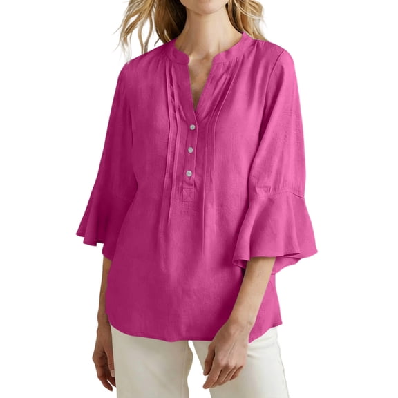 Ecqkame Womens Linen Tops Dressy Business Casual Ruffle 3/4 Sleeve Summer V-Neck Solid Color Blouses with Buttons Hot Pink XXXL