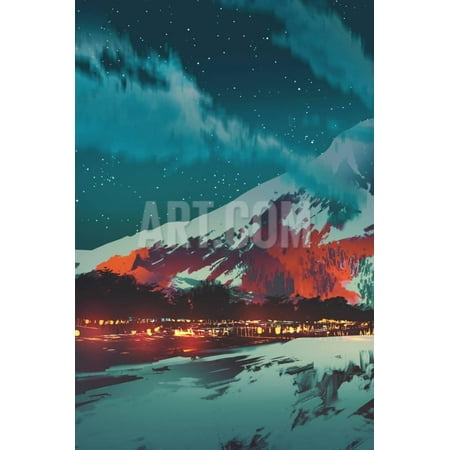 Night Scene of Village in Mountain,Landscape Illustration Painting Print Wall Art By Tithi Luadthong