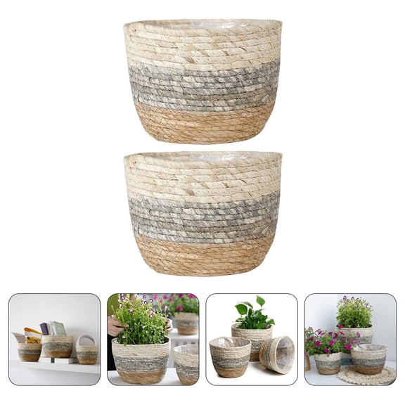 HEANUJJ 2Pcs Straw Flower Baskets with Beautiful Weaving Lines for Indoor Plant Pots and Decoration