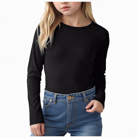 Yindaity Shirts for Girls Girls Long Sleeve Shirts Cotton T-Shirts Long-Sleeve Tagless Layering Tees for Youth Teen Girls(Black,2-3 Years)