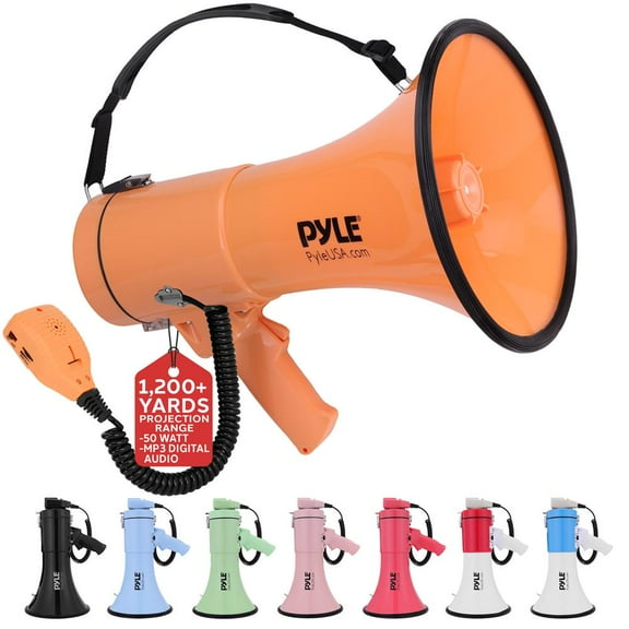 Lightweight and Portable Bullhorn Megaphone, Aux (3.5mm) Input for MP3/Music, Automatic Siren, 50-Watt, MIC/TALK (Orange)