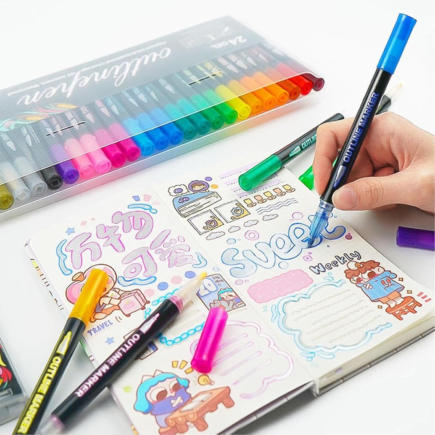 outline shimmer markers,8/12/24/36/48 Color Double-Line Art Pens, dreamy metal pens, suitable for greeting cards, crafts, and doodles
