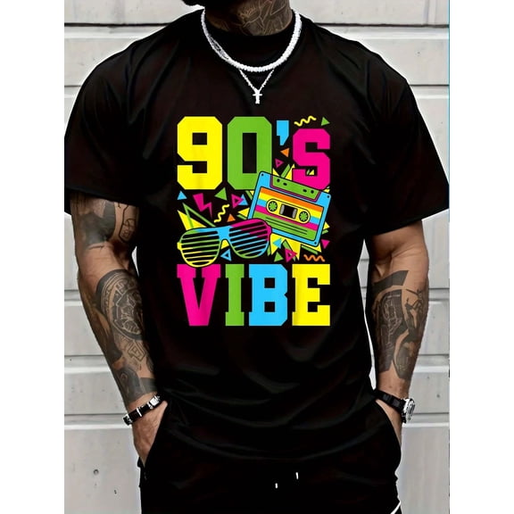 100% Cotton 90's Vibe Retro 1990s 90s Style Party Outfit Men T-Shirt Short Sleeve T-Shirt Men's Graphic Tee Causal Tops Men Graphic Tee