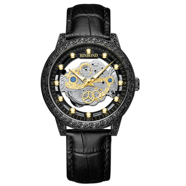 Reloj Mecánico Vintage de Esqueleto para Hombre, Manecillas Luminosas, Correa de Cuero de Acero Inoxidable