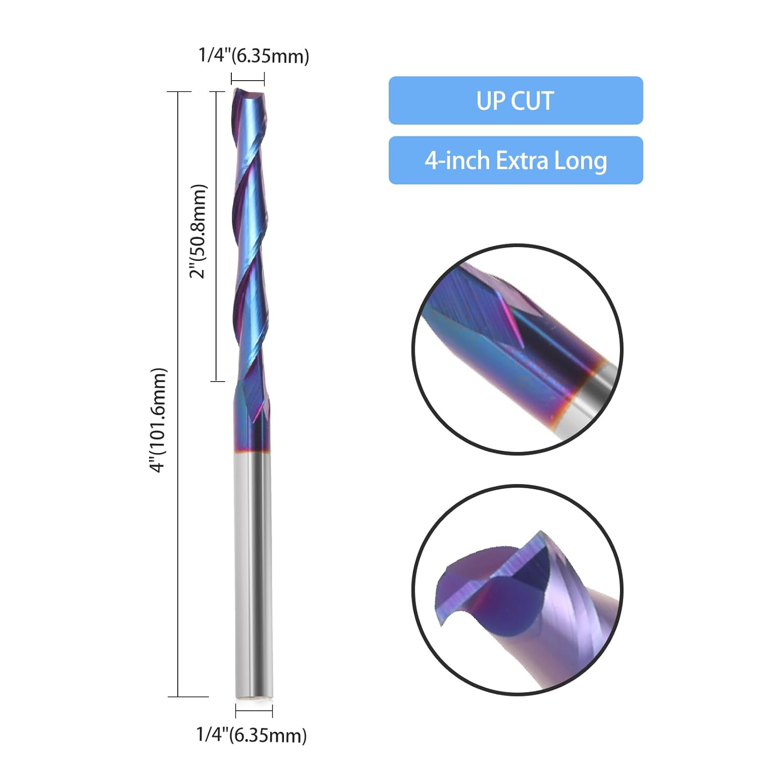 ABPETE Extra Long CNC Spiral Router Bits Up Cut 1/4 inch Shank, 2 inch Cutting Length，1/4 Carbide End Mill, 4 Inch Total Length Nano Blue Coated Spiral CNC Router Bit for Wood Carving